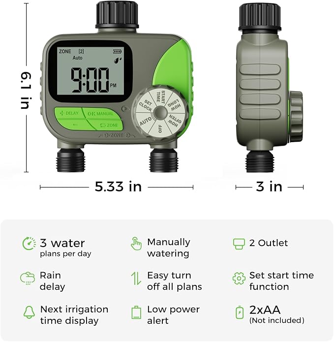 Sprinkler Timer- Hose Timer for Garden Hose, Programmable Watering Timer with Rain Delay, Outdoor Automatic & Manual Drip Irrigation Controller System for Lawn Yard Greenhouse, 2 Outlets