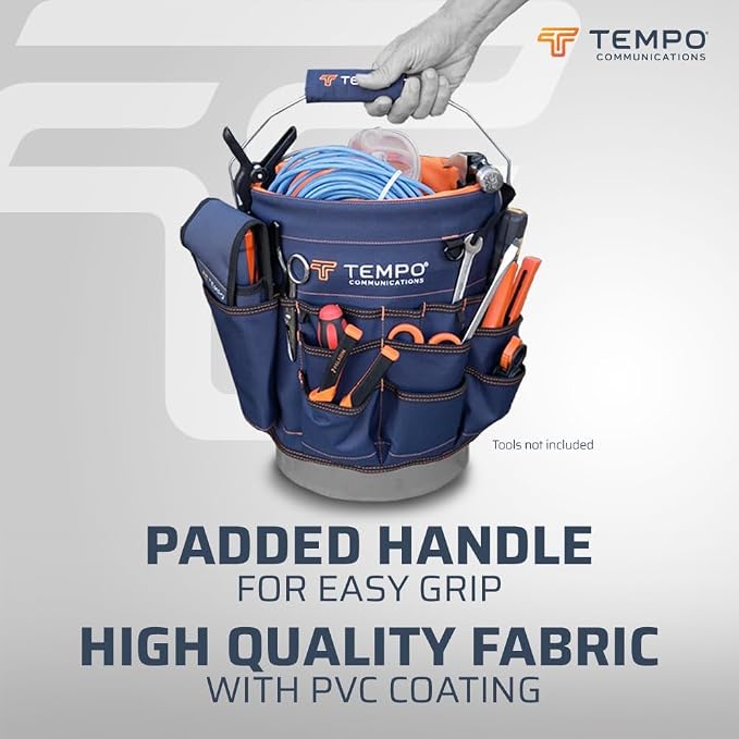 TEMPO PA9100 5 Gallon Bucket Tool Organizer - 600D Fabric Bucket Tool Bag 5 Gallon - 30 Pockets, 9 Slots, PVC Coating