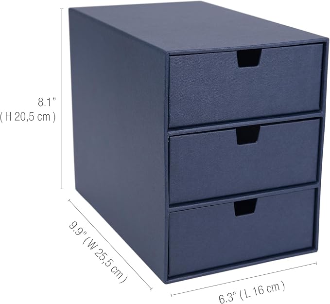Bigso Box of Sweden Ingrid 3-Drawer Fiberboard Desk Organizer for Office Supplies & Accessories - Stackable Makeup Drawer Organizer - 6.3in x 9.9in x 8.1in - Blue (Pack of 2)