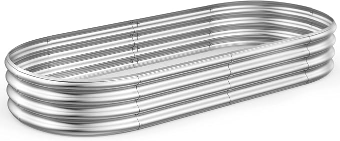 Rakukiri Raised Garden Bed GRS Certified Galvanized Planter Box Outdoor, 6.5ft Oval Rot-Resistant Metal Garden Bed Planter, Recycled Material Planter for Vegetables Flowers Herbs (Silver)
