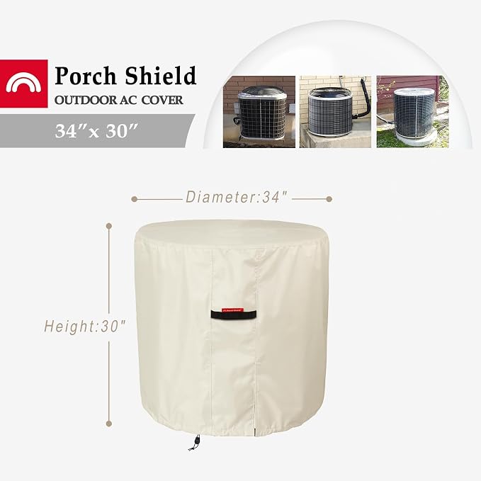 Porch Shield Waterproof AC Covers – Heavy Duty Round Air Conditioner Cover for Outside Unit Up to 34''D x 30''H, Tan