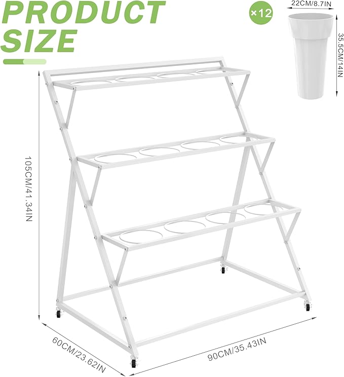 VGMiu Flower Display Stand with 12 Buckets, White Flower Cart with Wheels 3 Layers Metal Flower Bar Stand Moving Flower Stand Florist Bouquet Shelf for Weddings Party Ceremony Indoor Outdoor Garden
