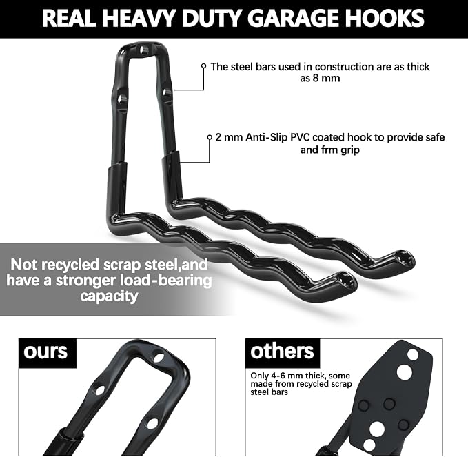 3-H Super Heavy Duty Garage Wall Hooks 18 Pack, One-Piece Construction Garage Wall Hooks, Garage Hanger & Organizer Wall Mount for Ladders, Bikes, Chairs, WeedEaters, Shovels, Garden Tools (Black)