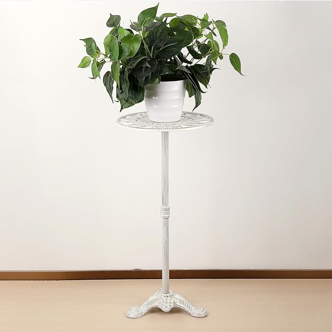 OwnMy Cast Iron Tall Plant Stand Heavy Duty Flower Pot Holder, Decorative Pedestal Potted Plant Rack, Indoor Outdoor Wrought Iron Large Single Plant Stand for Patio Garden Home, Antique White