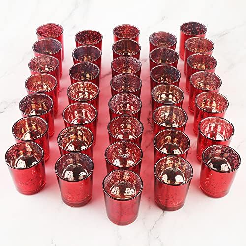 36pcs Red Glass Tea Light Holders - Votive Candle Holders Bulk for Weddings Events - Glass Votives for Wedding Centerpieces, Christmas, Thanksgiving - Candle Accessories Decor (36, Red) by BTGLLAS