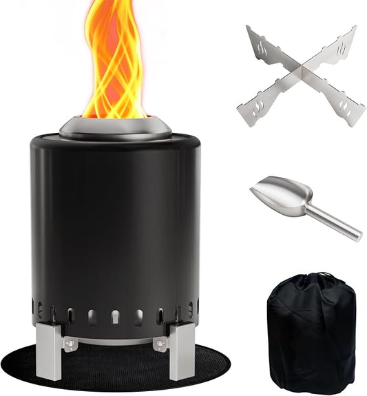 Mini Smokeless 7 Inch Tabletop Fire Pit with Pan Stand and Insulation Mat, Portable Stainless Steel Fire Pit for Camping, Patio Tabletop Firepit, Burns Wood or Pellets, Travel Bag Included, Black