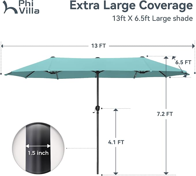 PHI VILLA 13ft Large Patio Umbrellas, Double-Sided Outdoor Market Rectangle Umbrella for Outside, Turquois