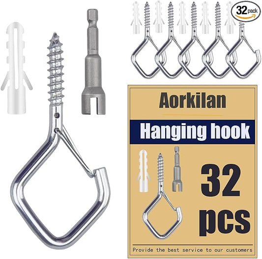 32-Pack Heavy-Duty Silver Screw Eye Hooks with Safety Clips | Metal Ceiling Hooks for Hanging Plants, Wind Chimes, Bird Feeders & Indoor/Outdoor Lights