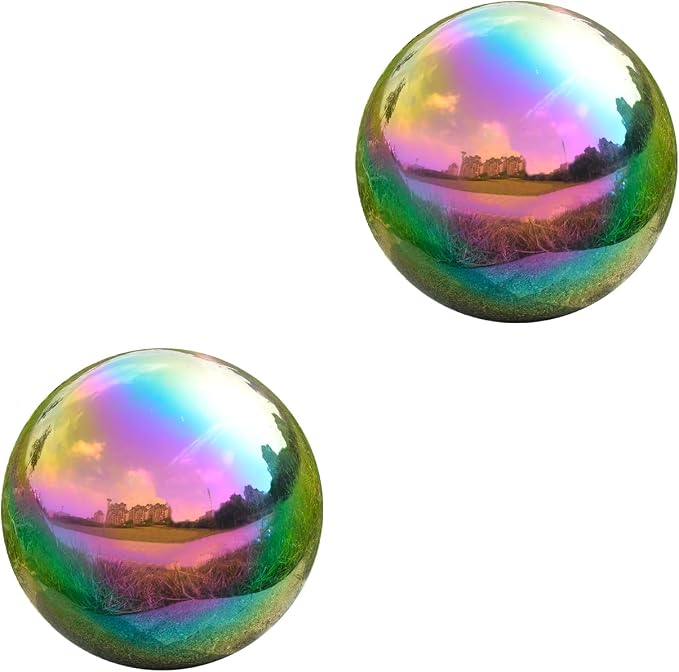 Gazing Ball Garden Mirror Outdoor - Outside Decorative Globe, Rainbow, 2Pcs | Metal Polished Reflective Sphere, Stainless Steel Hollow Decoration Ornament for Home Pond Swimming Pool Housewarming Gift