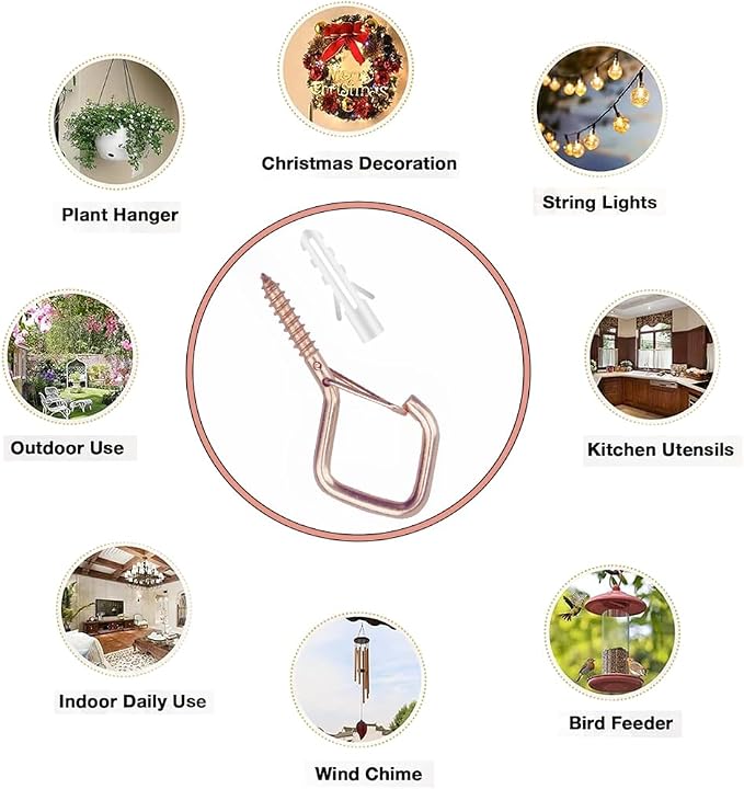 52-Pack Heavy-Duty Rose Gold Screw Eye Hooks with Safety Clips | Metal Ceiling Hooks for Hanging Plants, Wind Chimes, Bird Feeders & Indoor/Outdoor Lights