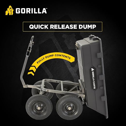 Gorilla Carts Heavy-Duty Poly Yard Dump Cart, 10 Cu Ft Tub, 1500 lb Haul Capacity, Black – Towable Utility Wagon with Quick-Release Dumping & Pneumatic Tires for Landscaping and Gardening