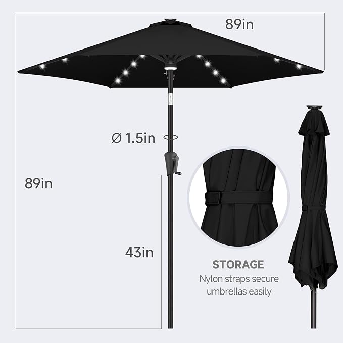 FLAME&SHADE 7.5 FT Solar Light Patio Umbrella, 24 LED Lights Outdoor Umbrella with Centre Surround Light, Table Umbrella Outdoor Patio for Deck, Pool, Backyard, Garden, UV Protection (Black)