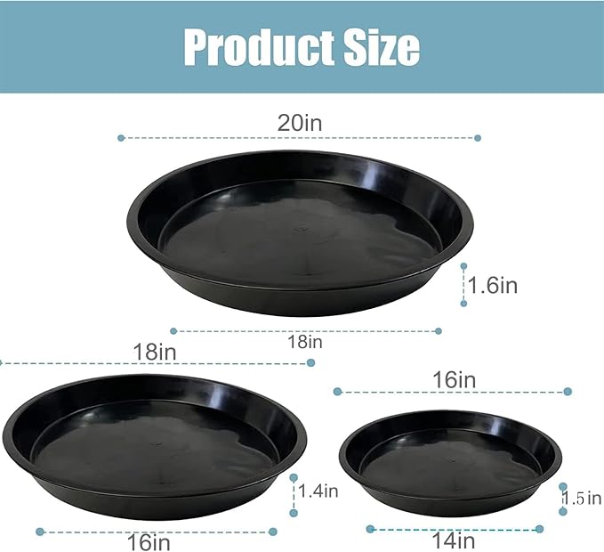 Plant Saucer 16 18 20 Inch, 6 Pack Heavy Duty Large Plant Tray for Planter Pot, Plastic Flower Pot Saucers Drip Water Trays for Indoors and Outdoors