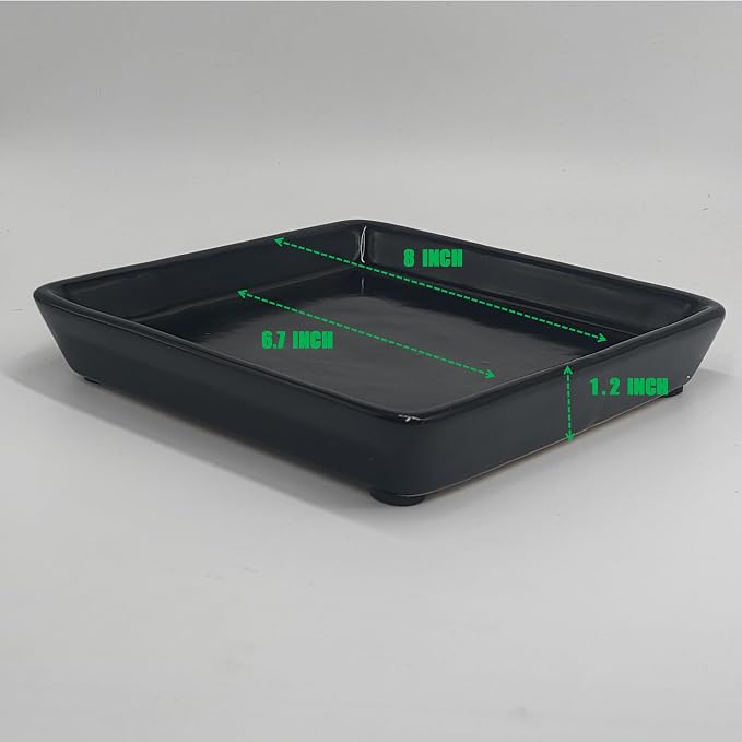 Square Ceramic Plant Saucer Tray 2 Pcs 6 7 8 Inch Black, 8" OD x6.7 ID x1.2 Deep, Sturdy Heavy Duty Glazed Planter Drip Flower pots with Catch Basin for Indoor Outdoor Plants(8" Black)