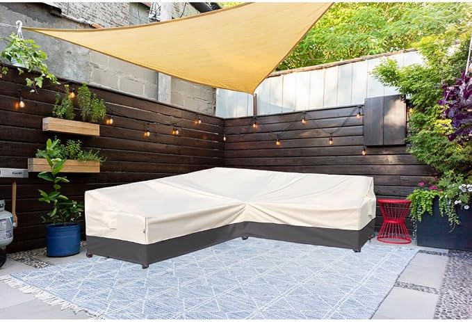 Outdoor Sectional Cover Patio Furniture Covers Waterproof Rip-Stop Anti-UV 600D Heavy Duty Couch Sofa Cover with 3 Air Vent (Beige & Charcoal, L-shaped 120"x90")