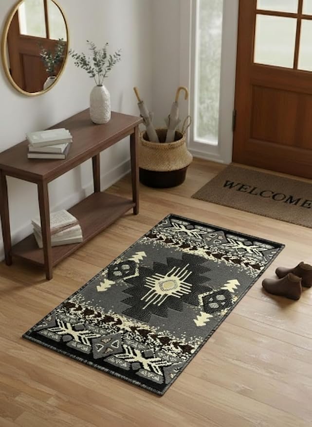 YHSF South West Native American Area Rug C318 - Easy Clean, Thick, Soft, Durable Native Tribal American Indian Inspired Rug for Bedroom/Living Room and More - Grey, 16 Inches x 28 Inches