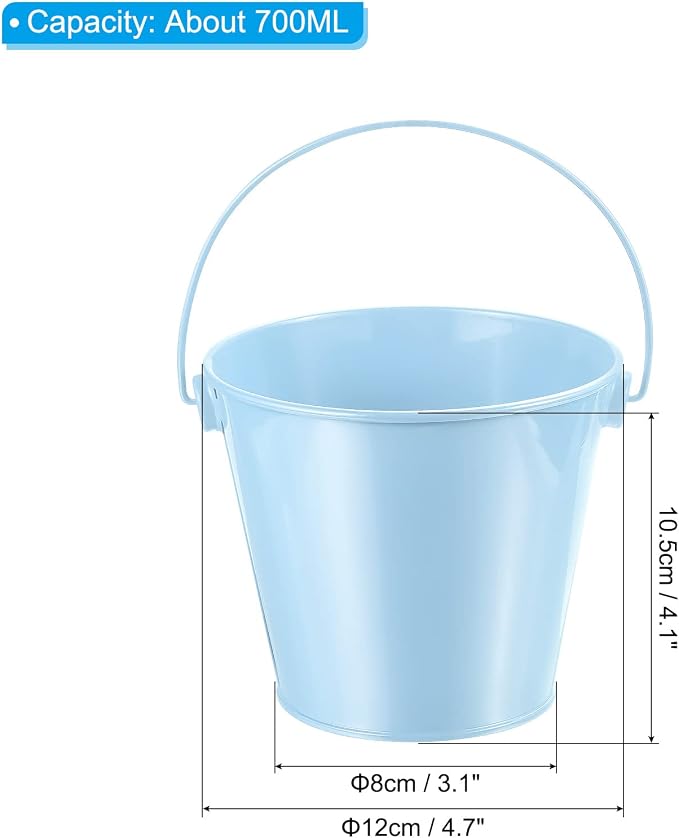 PATIKIL 4.7 Inch Colored Metal Buckets, 4 Pack Pencil Holder Buckets Round Metal Planter Pails Container with Handles for Classroom Crafts, Light Blue