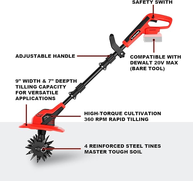 Cordless Tiller Cultivator 9-Inch Width 7-Inch Depth, Compatible with Milwaukee 18V, Battery Powered Garden Cultivator for Garden Flower beds, Tool Only-Battery & Charger not Included
