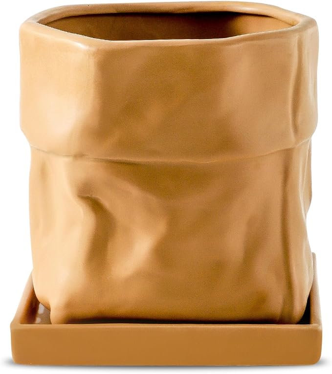 Nihow 6 Inch Ceramic Plant Pot with Drainage & Square Saucer, Terracotta | Bag Shape Design,Indoor & Outdoor,Living room/Office/Bedroom/Windowsill/Tabletop,Plant Lovers/Gardeners/Beginners