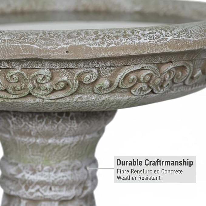 SunJet 23.8 Inch High Concrete Bird Bath with Carved Pedestal – Birdbath Sturdy & Elegant Design, Stone-Like Texture, Attracts Birds and Enhances Garden, Patio, Yard, Lawn Decor