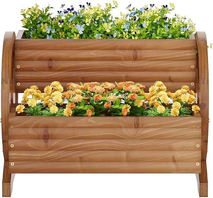 Wooden Wagon Planter with Wheels, Flower Pots, Brown, Large | Outdoor Flower Cart, For Patio Balcony Decoration, Succulent Flower Pot, Indoor Backyard Yard Decor