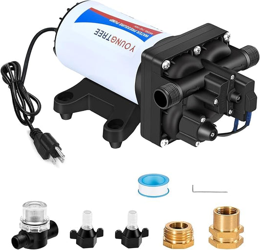 YOUNGTREE 110V AC Fresh Water Pressure Transfer Pump 5.5GPM 70PSI 110Volt On Demand Self-priming Diaphragm Water Pump with Pressure Switch for RV Garden Irrigation Home Car Washing Rain Barrel