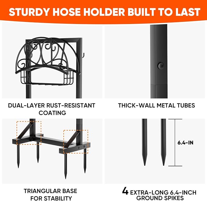 Stable Garden Hose Holder with Storage Basket and Tool Hooks, Heavy-Duty Water Hose Storage Metal Hose Hanger Holds 160Ft, Rustproof Freestanding Hose Holder for Outside,Yard,Lawn,Farm
