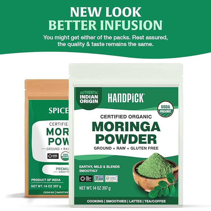 HANDPICK USDA Organic Moringa Powder (397g/14oz) Pure Moringa Oleifera Leaf Powder | Authentic Indian Origin | Gluten Free, Non-GMO | Perfect for Smoothies, Drinks, Tea & Recipes (Packaging may vary)