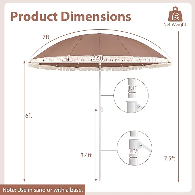 Tangkula 7FT Beach Umbrella with Fringe, Outdoor Boho Umbrella with Tassels, Push Button Tilt, Sand Anchor, 16 Ribs, Vintage Patio Umbrella with Carry Bag for Sand Deck Pool Garden Backyard (Tan)