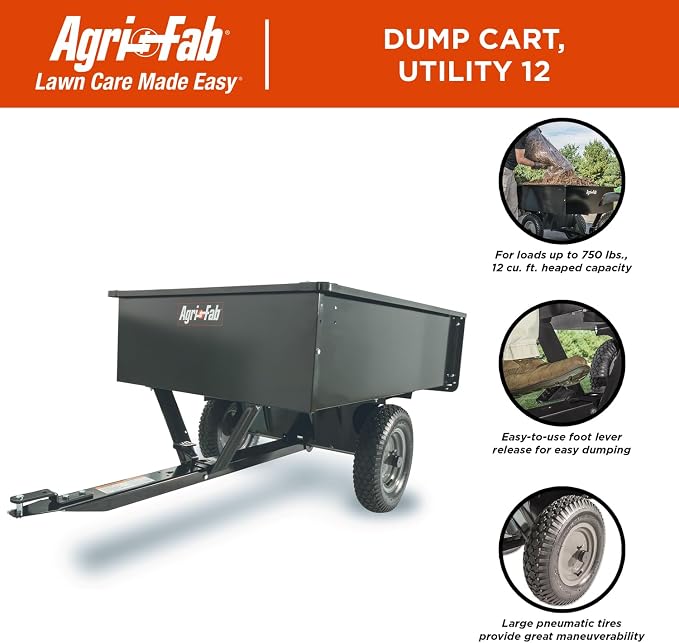 Agri-Fab Steel Utility Lawn and Garden Dump Cart for Riding Lawn Mowers, 750 lb Capacity with 12 Cu Ft Steel Bed and Pneumatic Tires