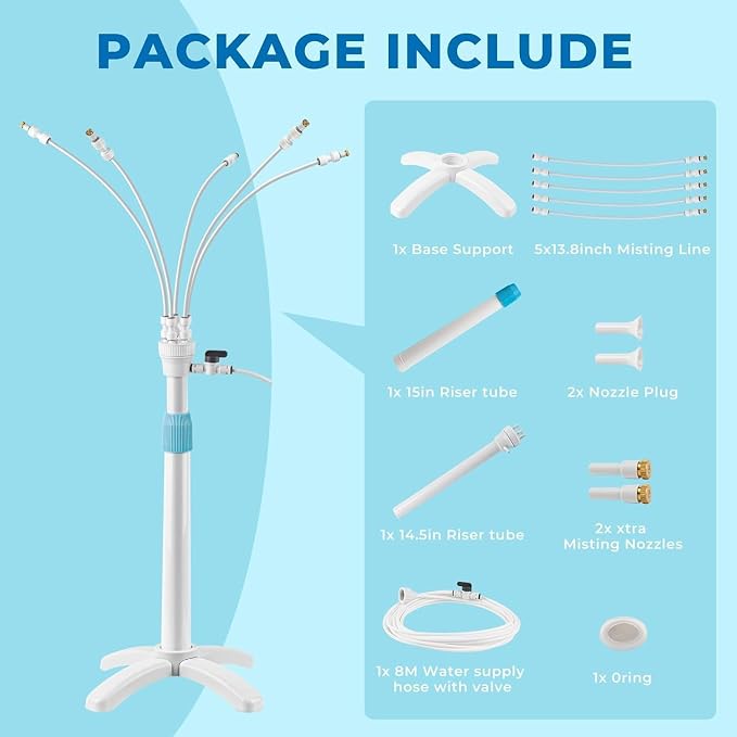 Tesmotor Stand Misters for Outside Patio, Standing Misters with Adjustable 46in Height, 5 Brass Nozzles and 26FT Line, Standing Misting Cooling System for BBQ, Patio, Pool, and Outdoor Water Fun