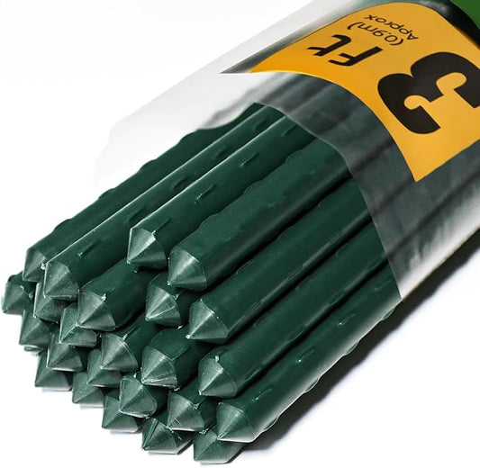 Jollybower 25pcs Steel Plant Stakes 3 Feet,Sturdy Plant Sticks, Plastic Coated Metal Garden Stakes Supports Climbing for Tomato, Bean, Flowers, Tree Potted