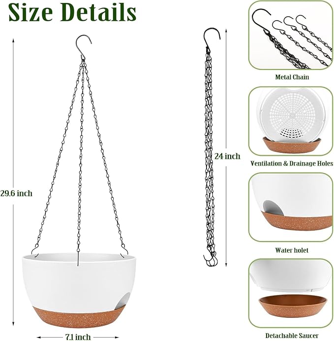 Hanging Planters for Outdoor Indoor Plants, 2 Pack 12 Inch Hanging Basket Plants Outdoor, Self Watering Hanging Planter with Plant Hanger for Garden Home Decoration (White)