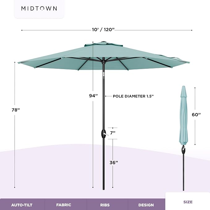 Midtown Umbrellas – The Swilt 8 Ft Patio Umbrellas with 360° Swivel & Tilt Mechanism, 8 Fiberglass Ribs & Terylast Polyester Fabric for Backyard, Deck, Pool & Cafes - Seawater Canopy, Black Pole
