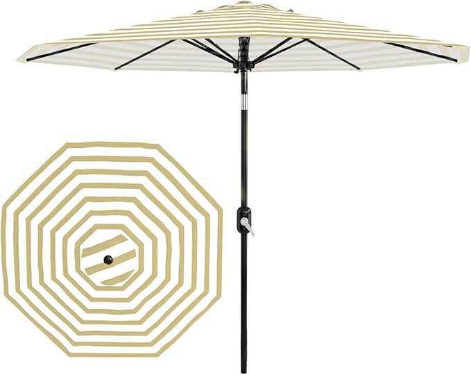 GarveeLife 9FT Patio Umbrella Outdoor, Table Umbrella with Push Button Tilt and Crank, 8 Sturdy Ribs UV Protection Waterproof for Garden, Pool, Market, Deck (Brown & White Stripe)