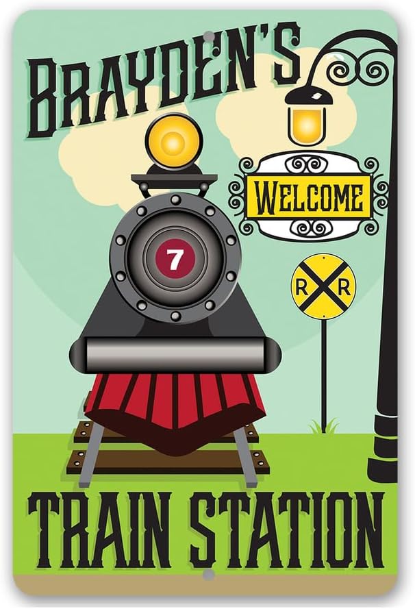 Personalized Train Station - Cute Railroad Crossing Decor, Baby Boy Room Accessories, Playroom Decoration and Custom Baby Shower Gift, 8x12 or 12x18 Use Indoors or Outdoors Durable Metal Sign