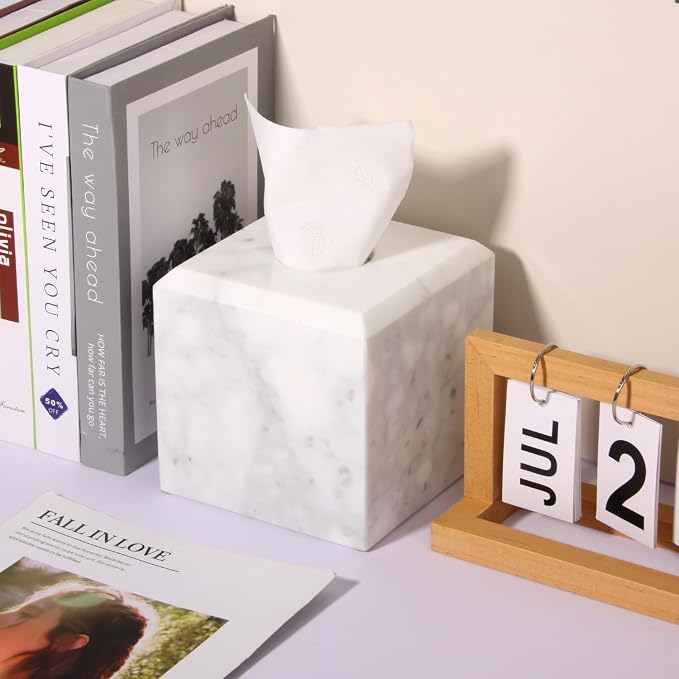 Natural Marble Square Tissue Box Cover ,Stone Modern Decorative Sturdy Napkin Box Holder Case,Facial Paper Organizer for Bathroom Vanity Toilet Countertop,Kitchen (1, Carrara White, 5.71*5.71*5.51)
