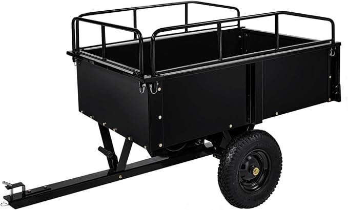 GarveeTech 750LBS Heavy Duty ATV Trailer Tow Behind Steel Dump Cart, 15 Cu. Ft Garden Utility Trailer with Removable Sides & Rear Hitch for Riding Lawn Mower Tractor, Black