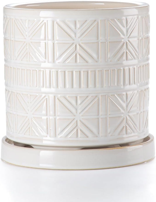 Ceramic Plant Pots Indoor-Outdoor: 8 Inch Embossed Planters with Drainage Hole & Saucer - Modern Decorative Flower Pots for Home Garden Patio Office Decor