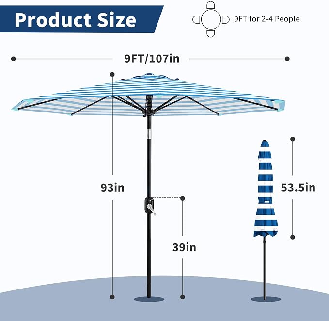 Garvee 9FT Patio Umbrella - Outdoor Table Umbrella with Smooth Crank Lift, Push Button Tilt and 8 Sturdy Ribs - Market Umbrella UV Protection Waterproof for Pool, Deck, Yard, Garden