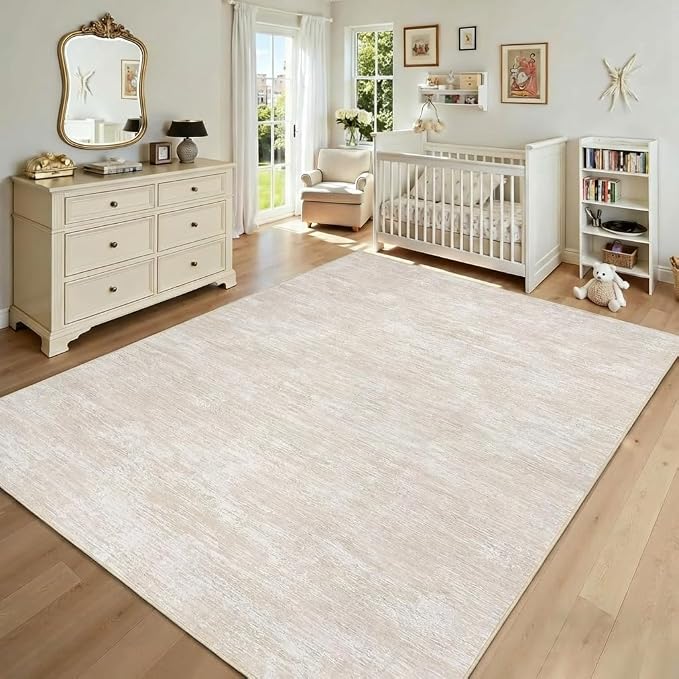 GarveeHome Washable Rugs 8x10 Area Rugs for Living Room, Modern Solid Color Rug with Non Slip Backing, Stain Resistant Low Pile Throw Carpet Non Shedding Soft Mats for Dining Room, Bedroom, Beige