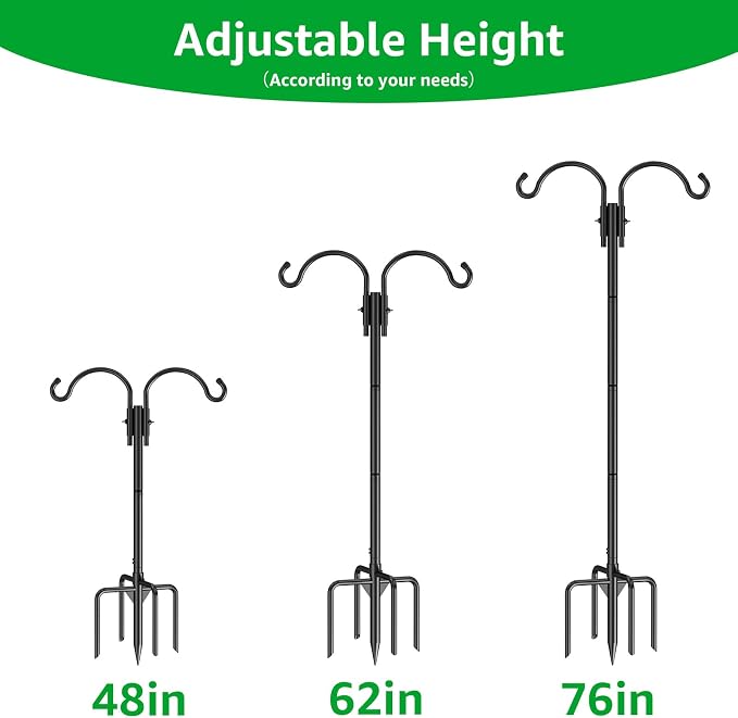 GOFORWILD Double Shepherds Hook for Outdoor, with 5-Prong Base, 76inch Adjustable Metal Bird Feeder Pole for Hanging Bird Nest, Plant Basket,Lantern,Solar Light 2 Pack