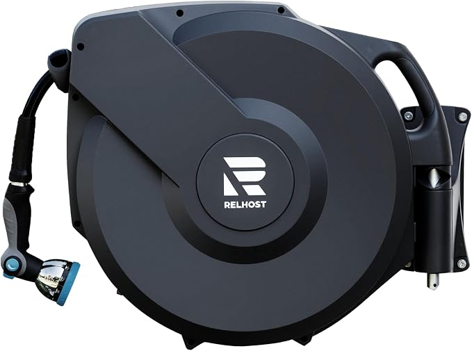 Relhost Retractable Garden Hose Reel, 1/2 in x 150 ft Wall Mount Heavy Duty Hose Reel with Any-Length Lock, Auto Rewind System, 180° Swivel Bracket, and 10-Pattern Nozzle for Garden, Dark Grey