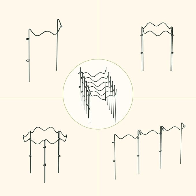 6 Pack Plant Support Stakes, Wavy Metal Garden Plant Stake, Peony Cages and Supports, 10"(W) x 16" (H) Flower Support Ring for Peonies, Hydrangea