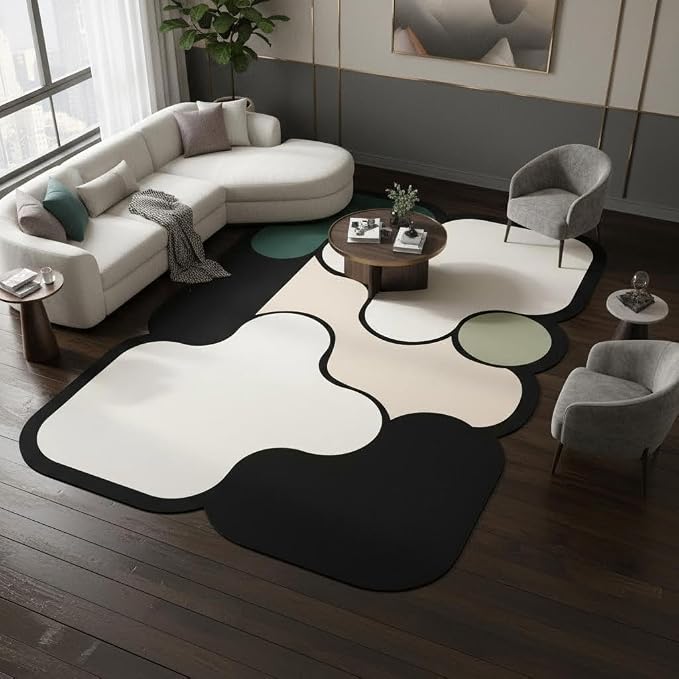 Contemporary Abstract Black Beige Green Unique Shaped Rugs for Living Dining Room Bedroom Laundry Room Hallway Dorm Carpets Non Shedding Ultra Thin Washable Reversible Durable Faux Wool Rug 7x12