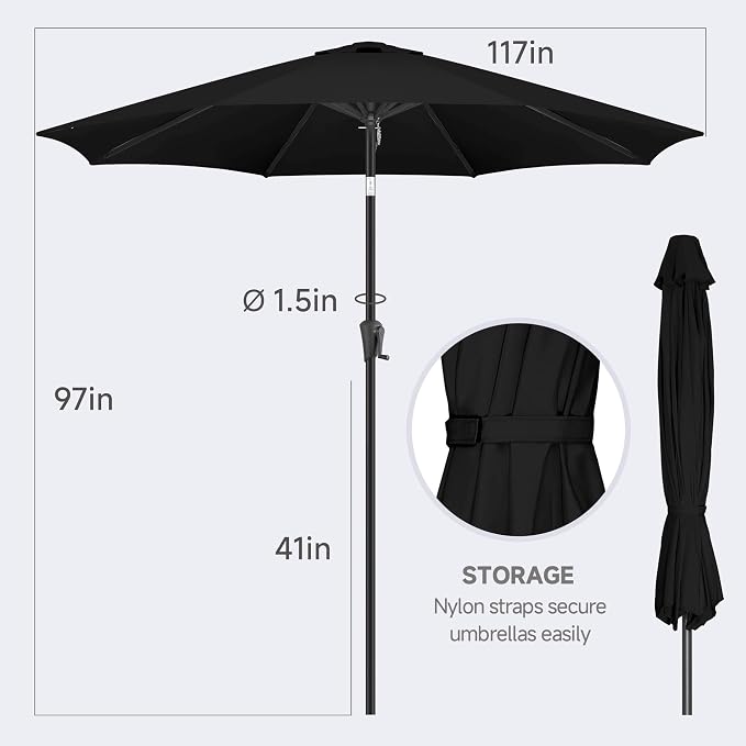 FLAME&SHADE 10 ft Outdoor Market Patio Table Umbrella with Fiberglass Rib Tips and Tilt, Black