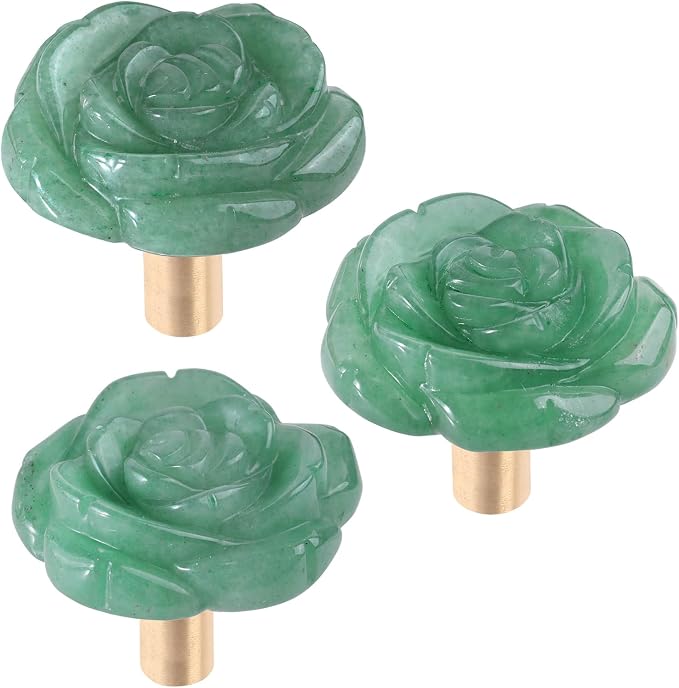 mookaitedecor Set of 4 Natural Green Aventurine Crystal Cabinet Knobs with Screws, Decorative Floral Stone Drawer Pulls for Dresser Door Kitchen
