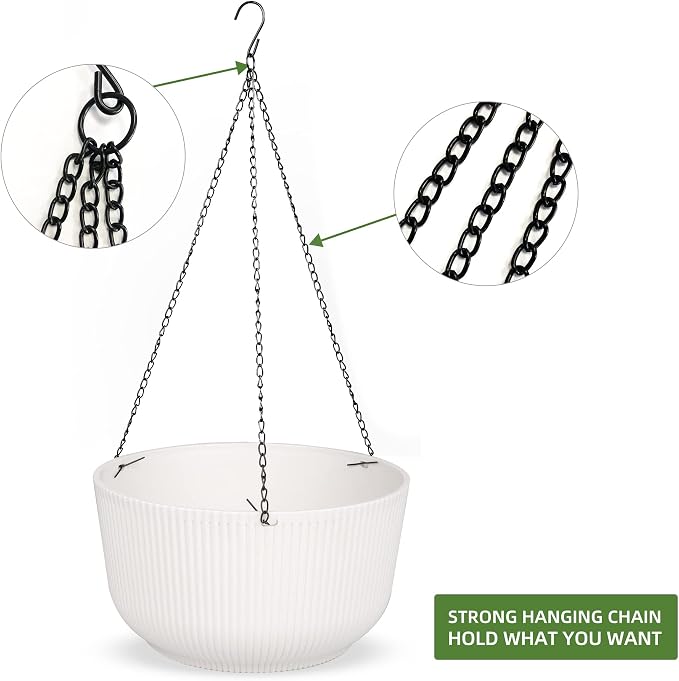 Dexceder 11.2 Inch Self Watering Hanging Planter (2 Pack, White) | Thickened Hanging Basket Flower Plant Pot Indoor Outdoor