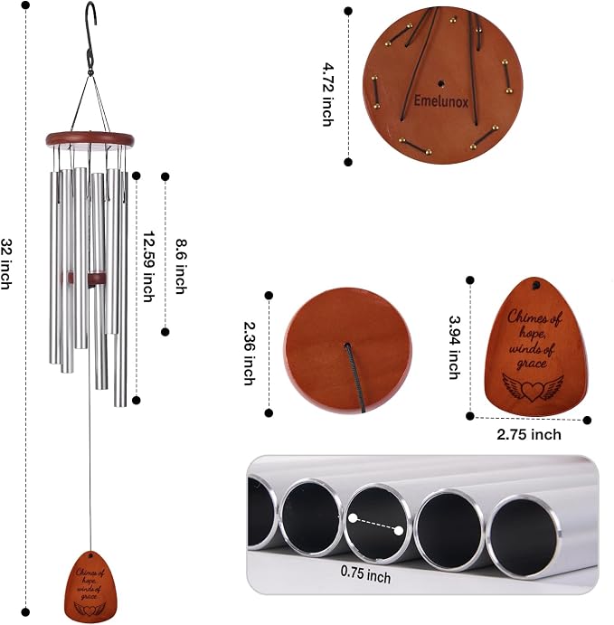 Sympathy & Memorial Wind Chimes for Outside – Deep Tone Aluminum Chimes with Mute Feature, Inspirational Poem, Butterfly & Heart Art Wooden Sail, Outdoor Garden Decor (Silver, 32 Inch)