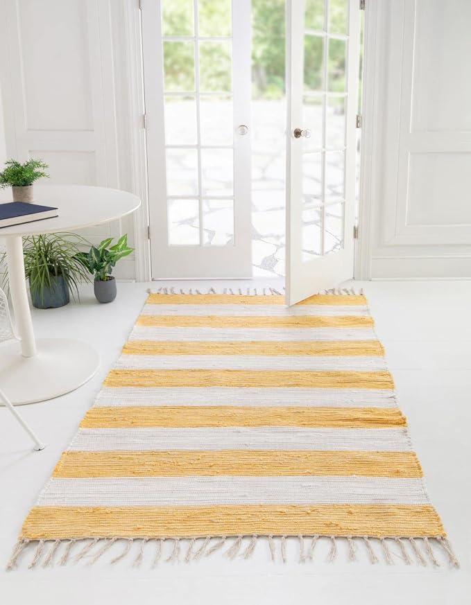Unique Loom Chindi Rag Collection Area Rug - Striped (7' 10" x 10' Rectangle, Yellow and Ivory)